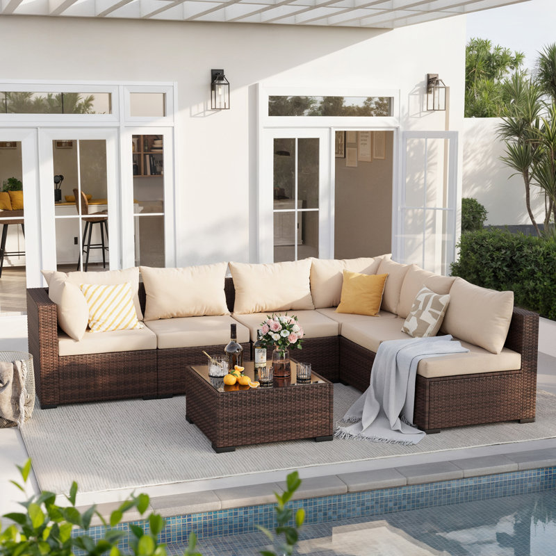 Ensemble de conversation de patio 7 pièces avec table basse et coussins, Brun, Beige