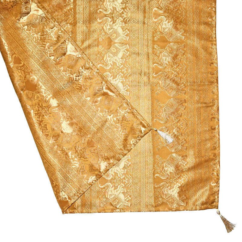 Thai Golden Elephant Print Blue Rectangle Silk Table Cloth, Gold
