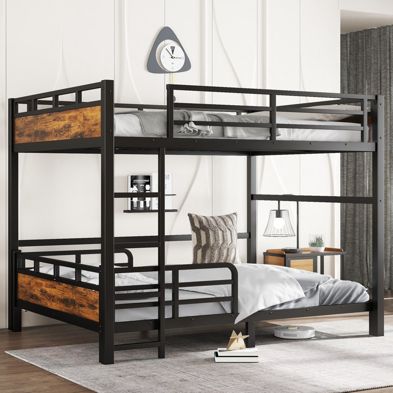 Queen over Queen Metal Bunk Bed with Raised Security Fence, Loft & Platform Bed, Vintage Wood-Colored, Queen Over Queen
