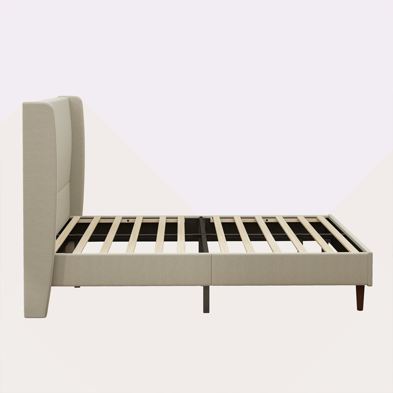 High Headboard Upholstered Bed, Bed Frame, 12-Slat Support, Easy To Assemble, Beige, Linen Cloth, No Box Spring Needed, Queen
