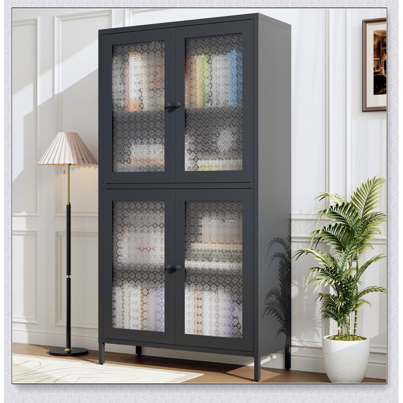 Classic Metal Storage Cabinet Display Cabinet with 4 Glass Doors 4 Shelves Cabinet Freestanding Bookcase Side Cabinet for Home Office Living Room Kitchen Hallway - Black, Begonia Flower Tempered Glass