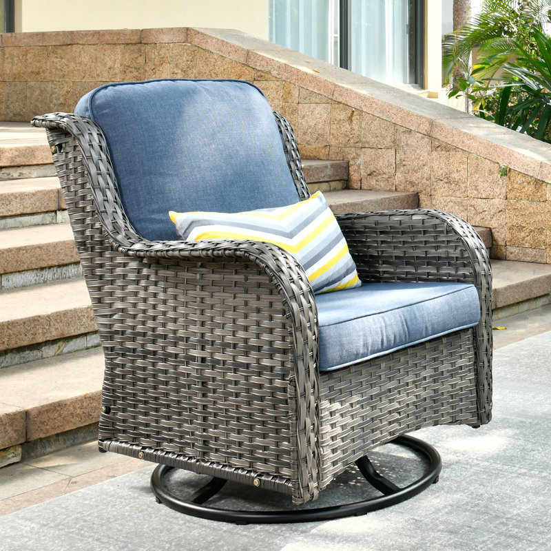 Rocking Swivel Patio Wicker Lounge Chairs With Cushions, Gray, Demin Blue
