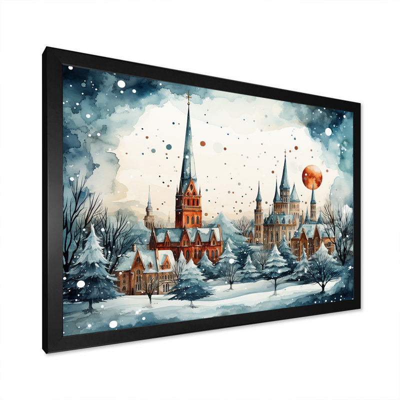 Christmas Village In Winter II - Winter Landscape Wall Art, Black Closed Corner Framed, 12" H x 20" W x 1" D