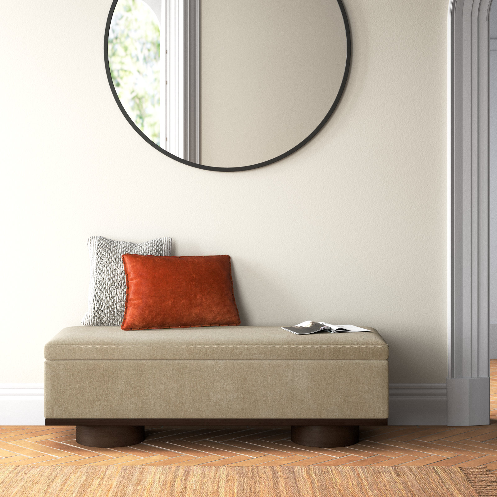 Morje 61" Linen Entryway Bench, Light Brown Velvet, Walnut