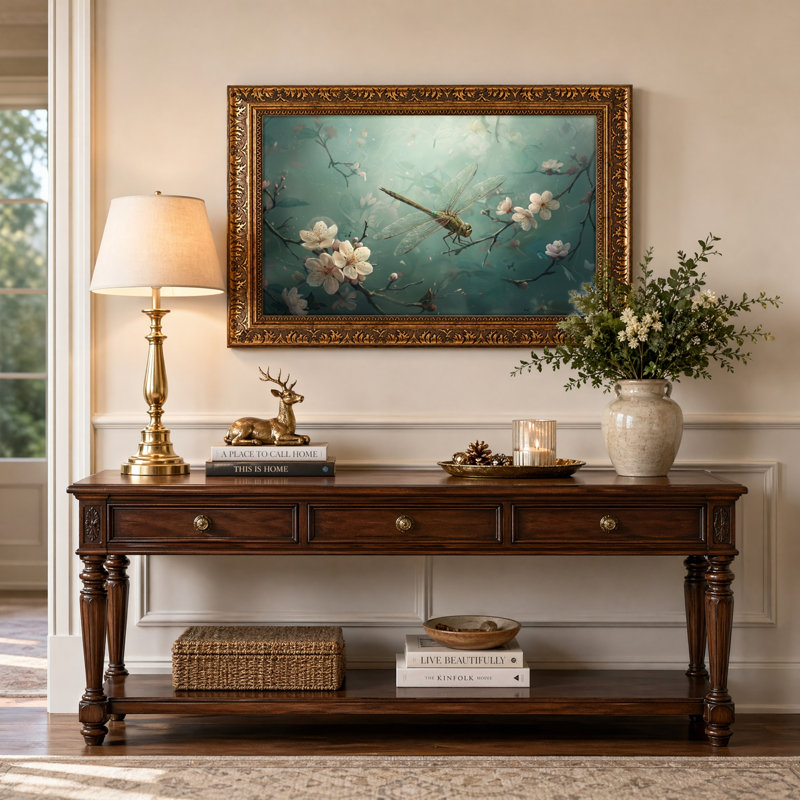 Art mural en toile noyer doré encadré pour le salon, la chambre à coucher, le bureau ou le vestibule - décoration murale décorative avec fleur de libellule