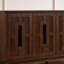 Buffet/meuble télé moderne mi-siècle en noyer de 154 cm de large, avec quatre portes ajourées sculptées, étagères réglables et passe-câbles, idéal pour la cuisine, le salon ou l'entrée.-133670546
