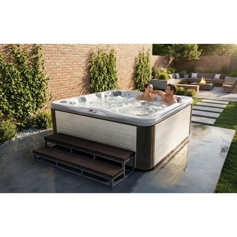 American Spas 7-Person 56-Jet Premium Bench Spa Standard Hot Tub With Sound System And LED Waterfall, White