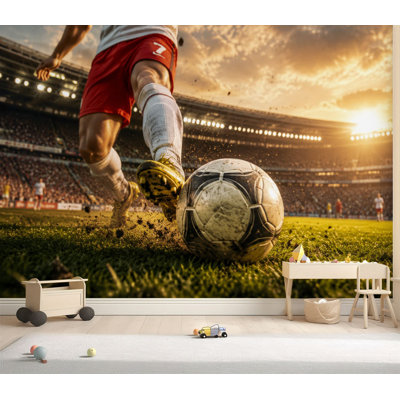 Papier peint adhésif peler et coller Joueur de football dynamique Kicking Ball Stadium Field Sunset Papier autocollant amovible pour décoration de salon Chambre à coucher H 69 po x l 96 po