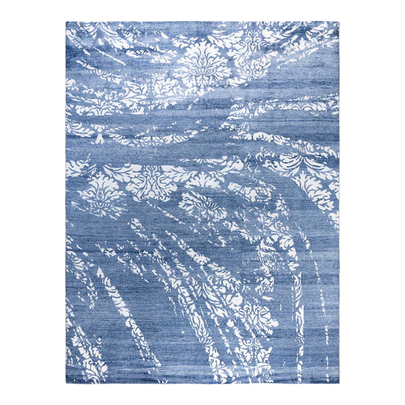 Tapis moderne noué à la main de conception unique - bleu, 9 pi 2 po x 12 pi 0 po