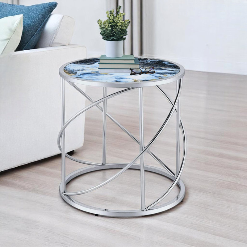 Élégante table de bout en marbre bleu Parlen - Base au fini chromé et bois composite durable pour un décor élégant
