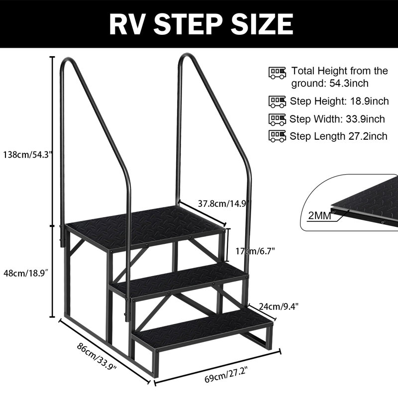 RV Steps with 2 Handrail, 3 Steps Mobile Home Ladder
