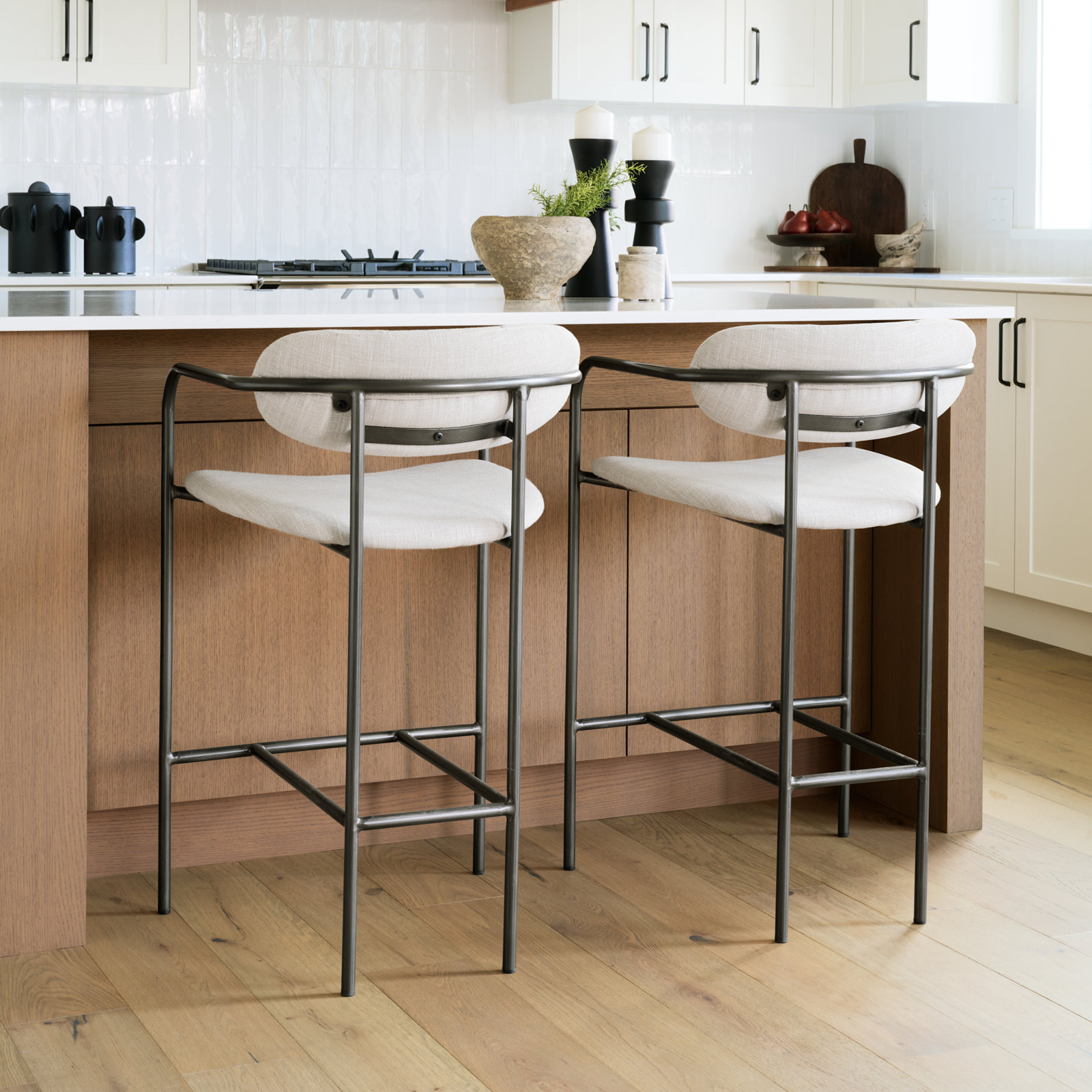 Belarus Fabric Seat Stool, Counter Stool (26.5” Seat Height), Gun Metal Gray, Beige Linen Blend