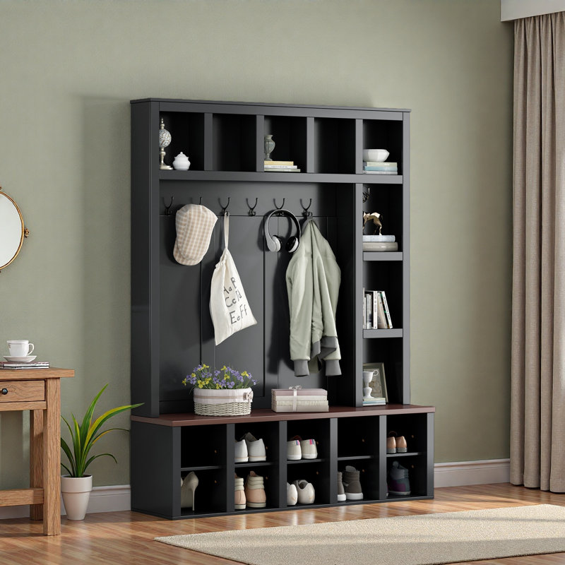 Farmhouse Wooden Style Hall Tree With 6 Hooks, Practical Walnut Storage Bench With Adjustable Shelves, 4-In-1 Entryway Shoe Cabinet With 13 Cubbies For Mudroom, Living Room