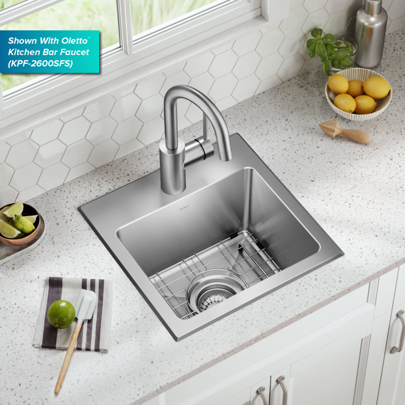 KRAUS Fairlane 18-Gauge Stainless Steel Kitchen Sink, 8" H x 15" L x 15" W, Single Bowl
