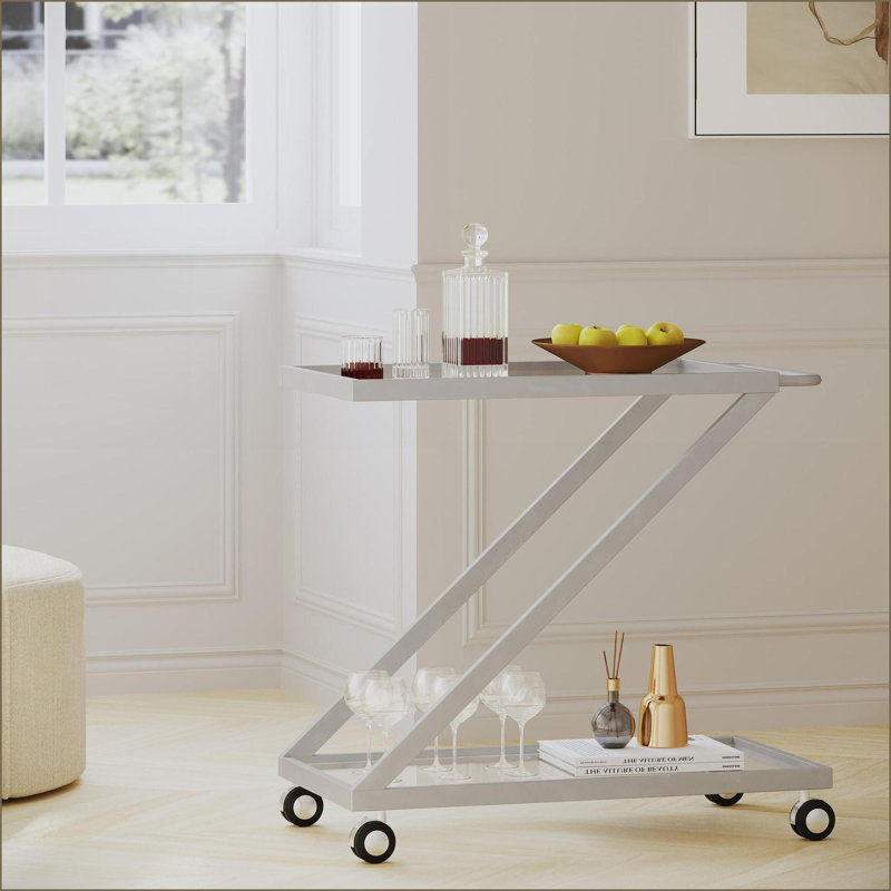 Chariot-bar | Minimaliste moderne | Tablettes en verre trempé | Roulettes verrouillables | Verre et métal | Argent brossé