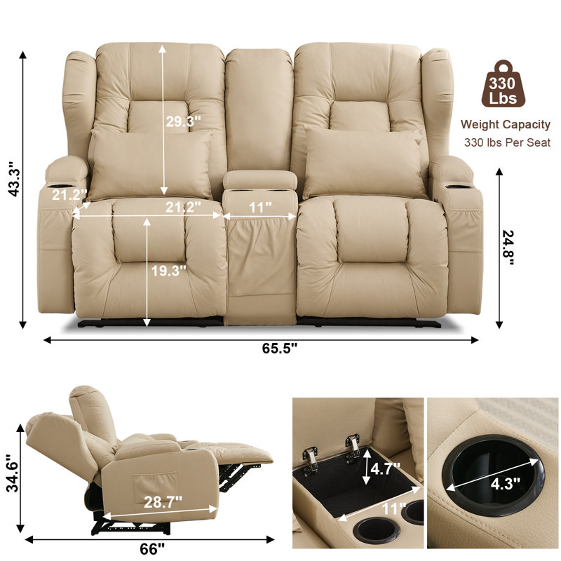 Manual Reclining Loveseat Sofa With Center Console, Storage & Cup Holders Overstuff Seat, Beige Faux Leather