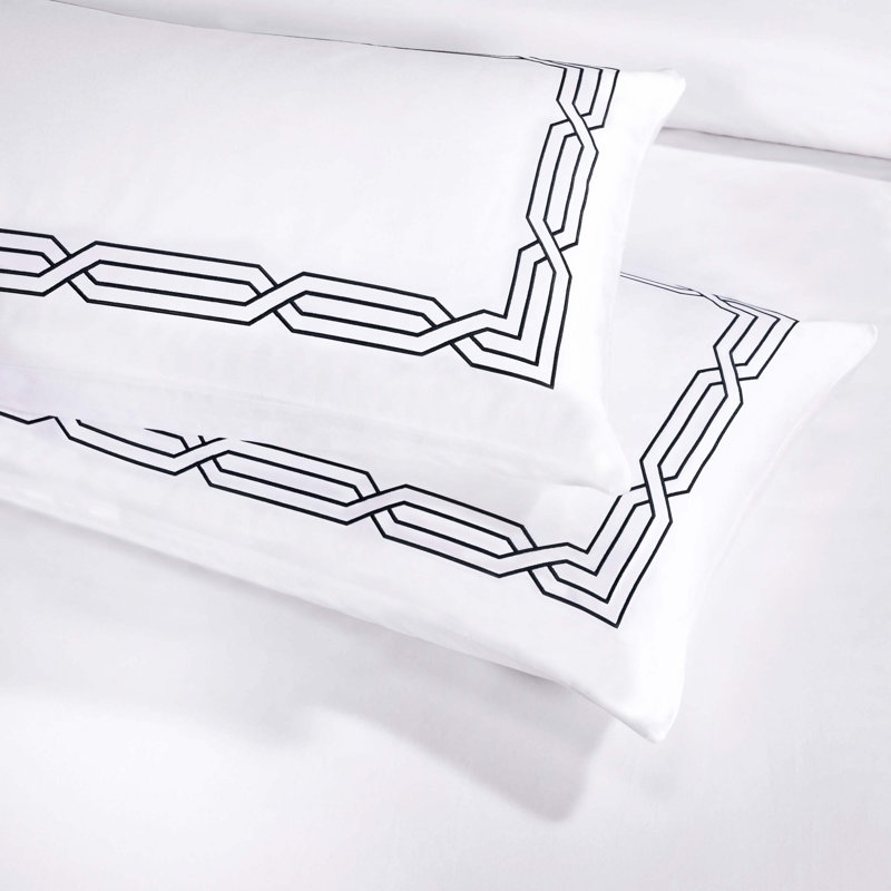 Embroidered Geometric Scroll 1200 Thread Count Certified Egyptian Cotton Duvet Cover Set, White/Navy Blue