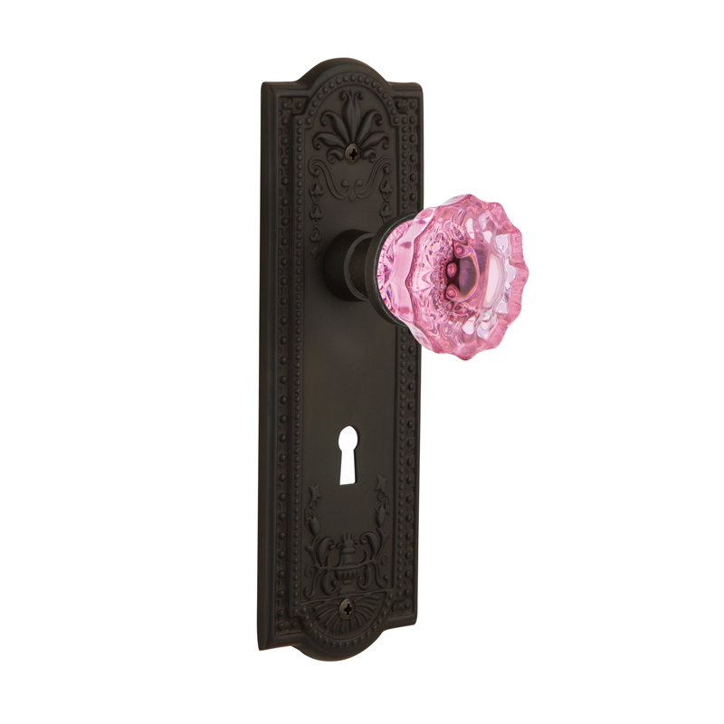 Plaque Meadows avec trou de serrure décoratif et poignée de porte rose cristal, Bronze frotté à l'huile