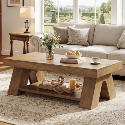 55.1-Inch Farmhouse Coffee Table With Storage Shelf, Large Rectangle Center Tea Table For Living Room