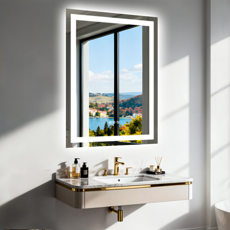 Lighted Bluetooth Speaker Mirror, Tempered Glass Bathroom Mirror With Anti-Fog, Dimmable 3-Color Front & Backlit Led Lights, Smart Touch & Memory For Wall Vanity