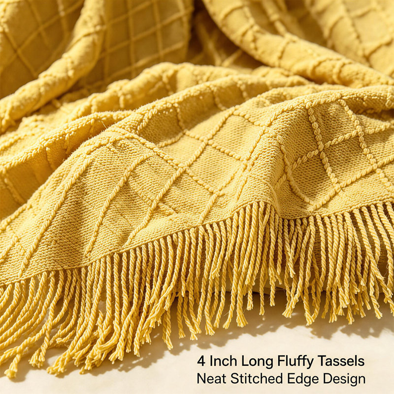 Acrylic Tassel Throw Blanket., Yellow, 152 x 203cm