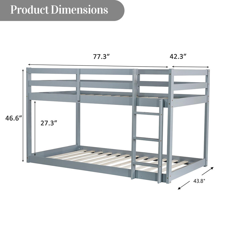 Bunk Bed Twin Over Twin With Ladder And Safety Guardrails, Solid Wood Low Bunk Beds Frame For Teens And Adults, Gray