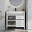 Meuble-lavabo blanc de 35,6 po de style Mid-Century avec verre antique, éclairage activé par le mouvement et beaucoup d'espace de rangement-130048061