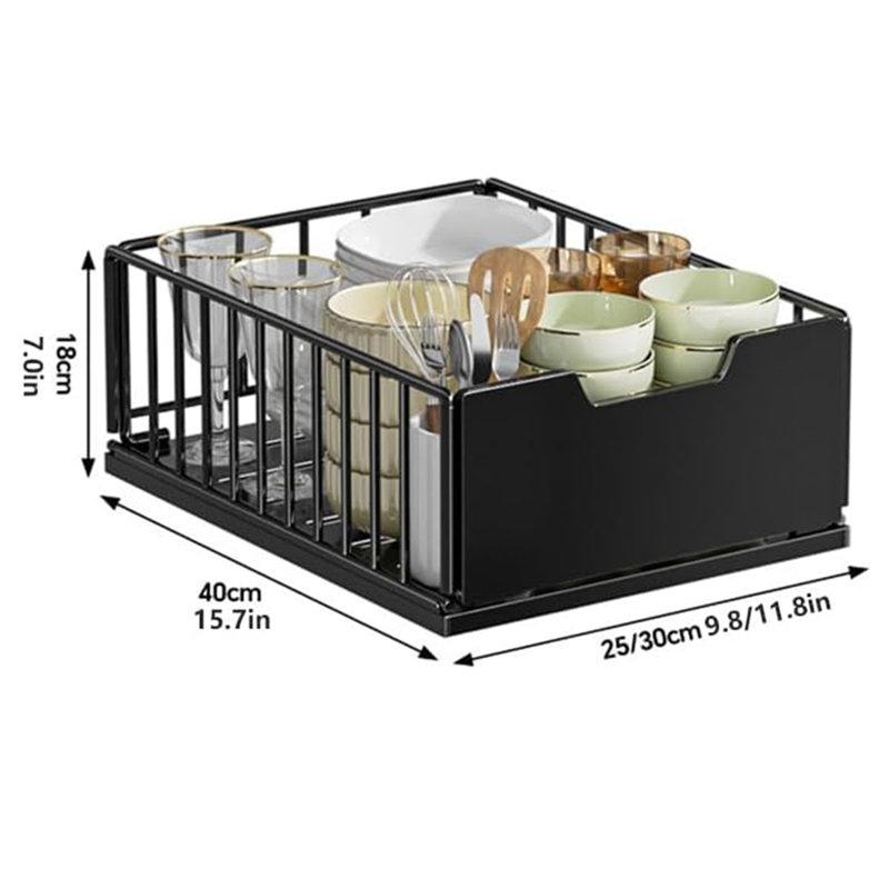 Pull Out Cabinet Organizer – No Drill Slide Out Metal Drawer – Expandable Storage Basket for Kitchen Cabinets, Under Basin, Bathroom, Office – Black Heightened 30cm Basket