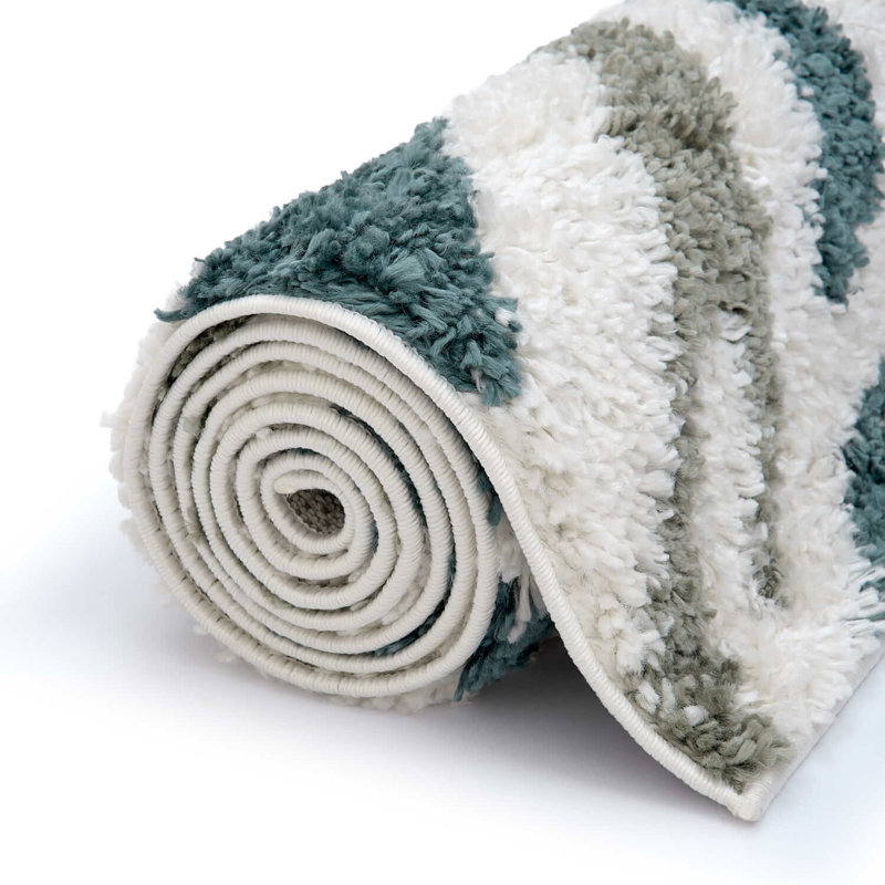 Moodi Modern Shaggy Area Rug Abstract Brushstroke Line Design, Rectangle 120 x 170 cm, Off-White/Green