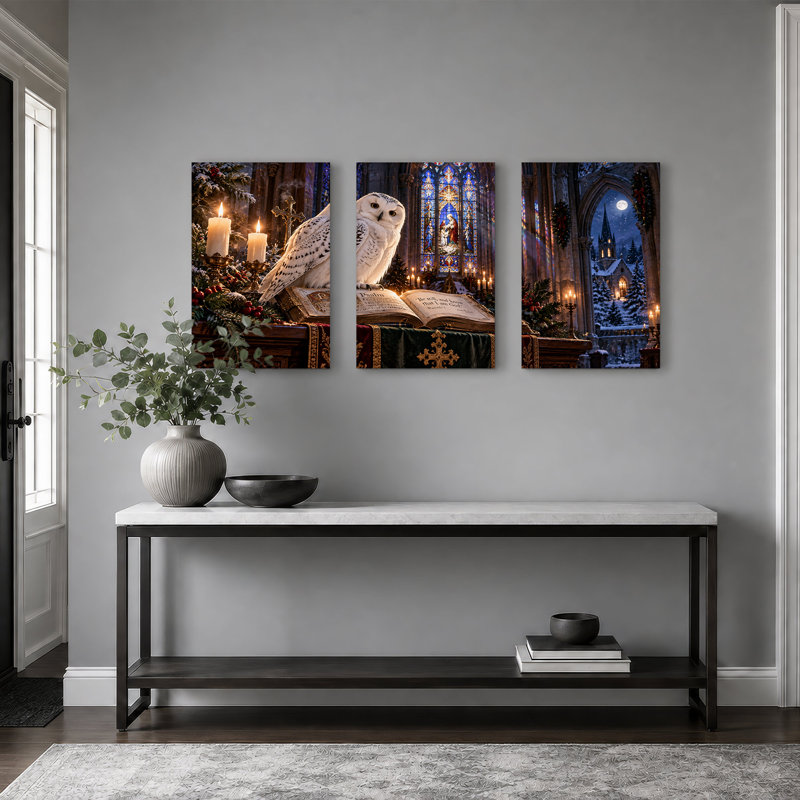«Snowy Owl on Open Bible in St vitra», ensemble de 3 toiles murales, 36"W x 18"H Overall - 3 Panels