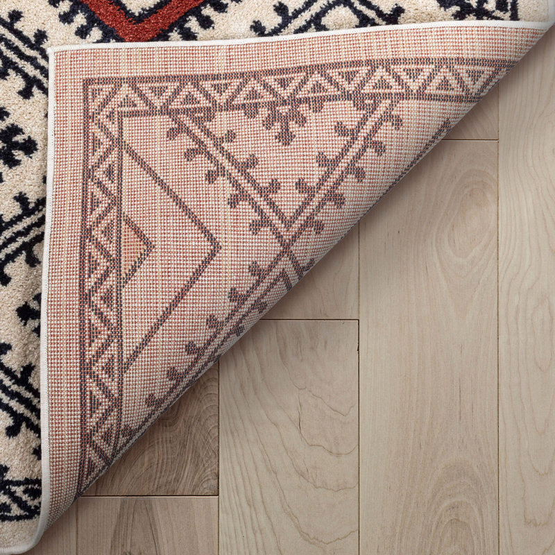 Beige and Red Geometric Synthetic Runner Rug 2'3" x 7'3"