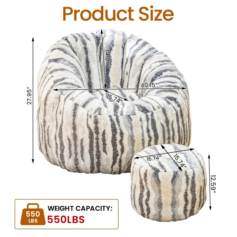 Fauteuil à billes avec repose-pieds Luxury Tigerskin, Blanc / Gris