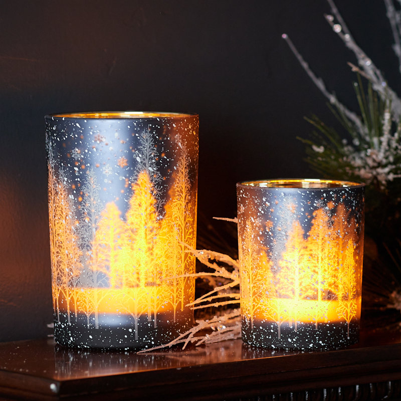 Navy Pine Tree Glass Candle Holder 
