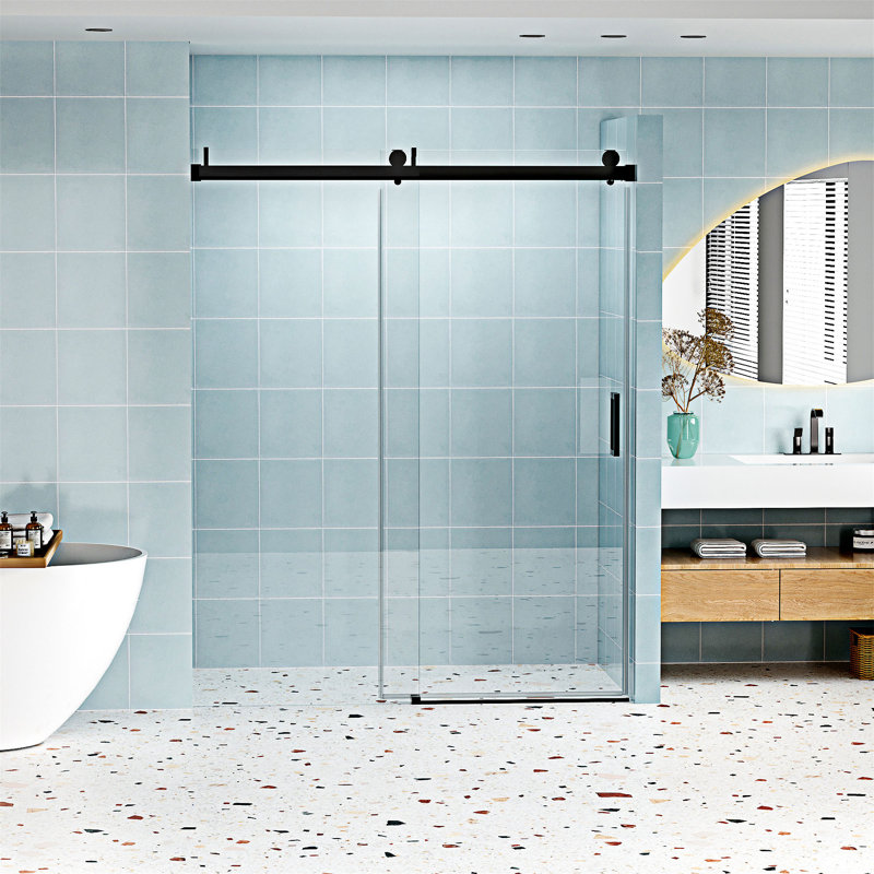 Porte de douche coulissante simple sans cadre à fermeture en douceur, Noir mat
