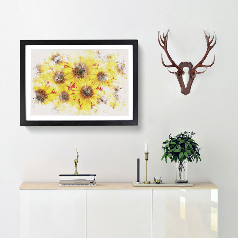 Wall Of Yellow Sunflowers - Single Picture Frame Print on MDF, Black, 62cm H x 87cm W x 2cm D
