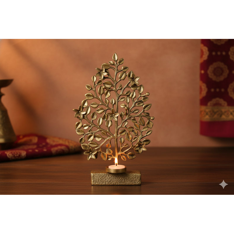 10" Handcrafted Brass Frangipani Tree Sculpture – Champa Flower Statue with Diya Candle Holder