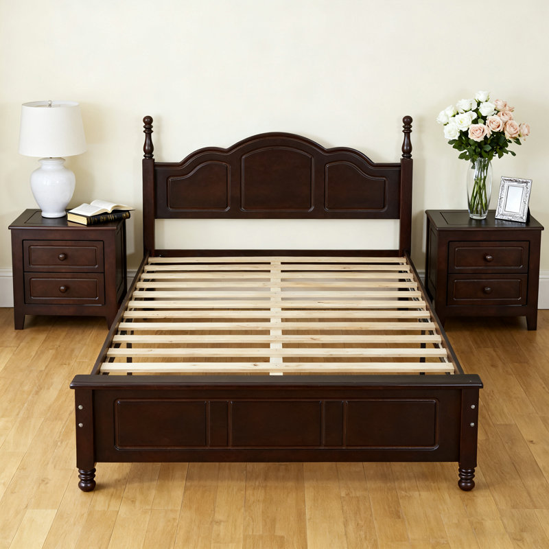 Ensemble de chambre à coucher 3 pièces, lit plateforme avec deux tables de chevet, Full, Noyer