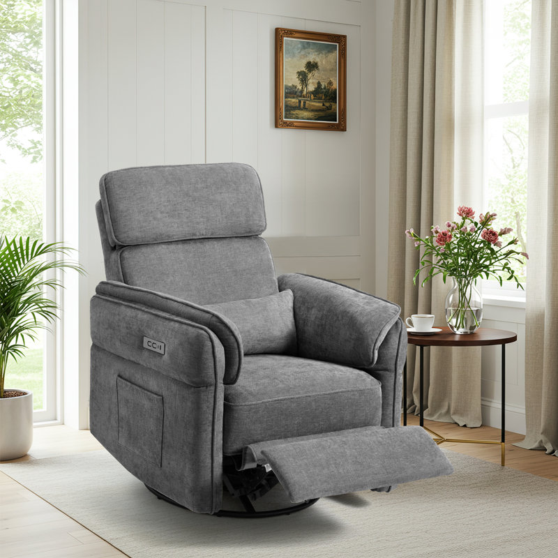 Power Swivel Recliner Glider With Adjustable Headrests & Armrests,  Usb And Type-C Charging Ports, Gray