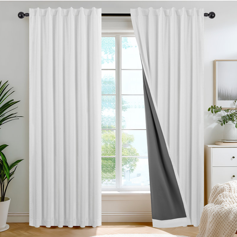 100% Blackout Faux Linen Curtains with TPU Backing – Dual-Layer Noise Reducing & Thermal Insulated Drapes, Graywish White