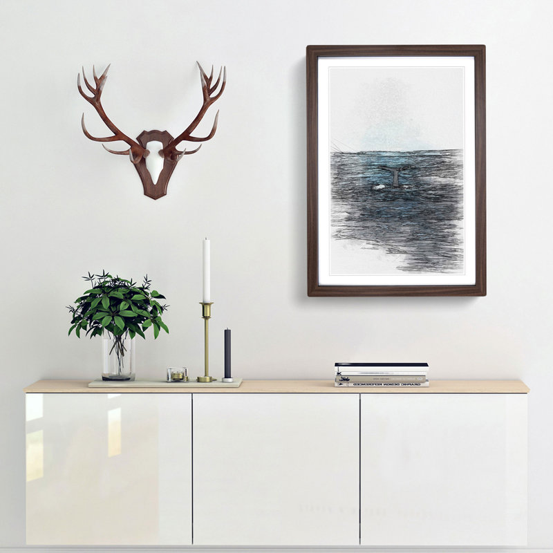 Blue Whale in Abstract - Picture Frame Drawing Print, 87cm H x 62cm W x 2cm D, Walnut Framed