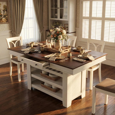 60" Counter Height Dining Table for 4, Farmhouse Large Rectangular Kitchen Table for 6 with Thick Table Top, Bar Height Dining Room Table with Deepened Wine Rack, Shelves for Kitchen, Bar, Pub
