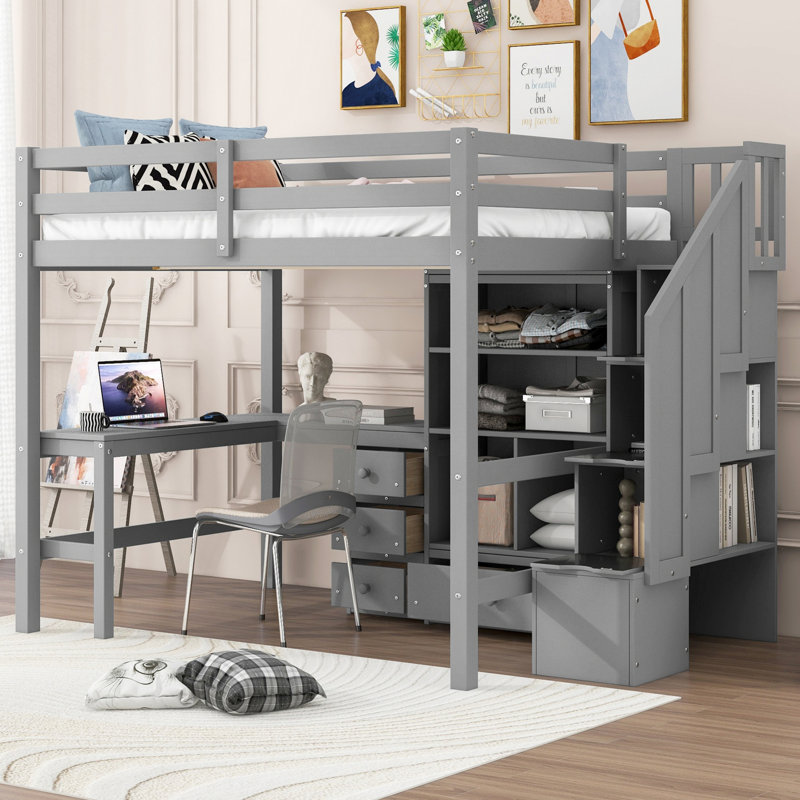 Lit mezzanine Bedrooom avec bureau en L, tiroirs de rangement et escalier de rangement, Gris