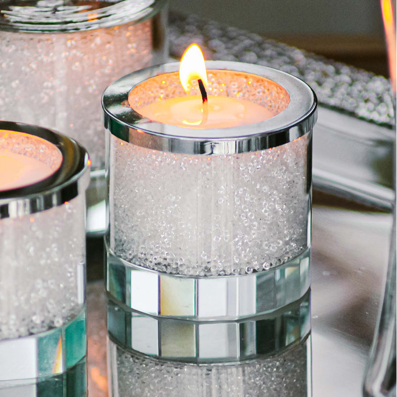 Crystal-Filled Glass Tealight Candleholder with Silver Rim