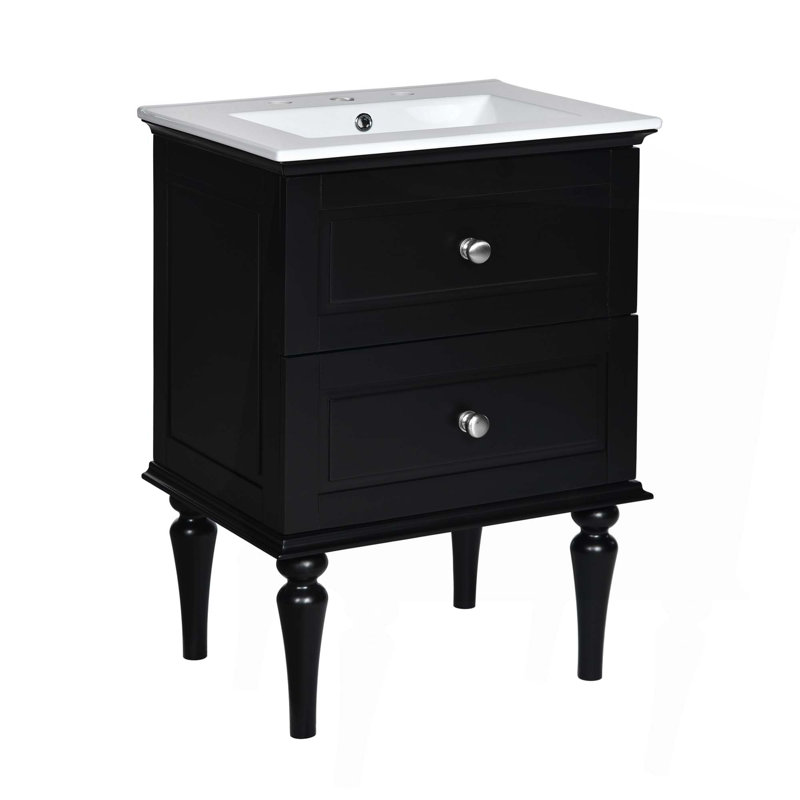 Ensemble de meuble-lavabo 24 po avec lavabo en céramique, armoire de rangement moderne avec 2 tiroirs et cadre en bois massif