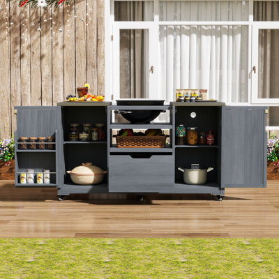 Îlot de cuisine extérieur avec armoires de rangement et tiroir, chariot de barbecue en bois de sapin massif avec plateau en acier inoxydable