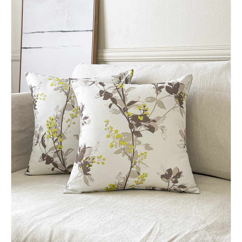 Ivory Floral Print Polyester Square Throw Pillow Set