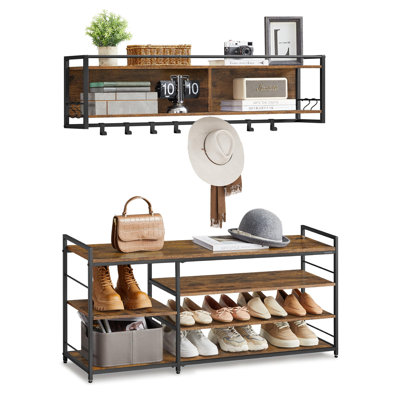 Hall Tree With Shoe Bench, Coat Rack Shoe Bench Set, Entryway Furniture, Multifunctional, 12 Metal Hooks, 4-Tier Shoe Rack, For Entryway, Bedroom, Rus
