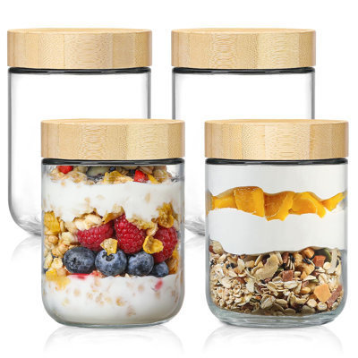 4-Pack 16Oz Glass Jars With Airtight Lids, Overnight Oats Containers With Bamboo Lids, Wide Mouth Mason Salad Jars, Glass Food Storage Containers