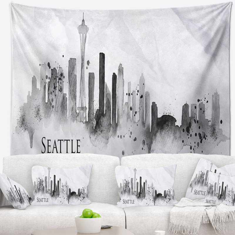 Tapisserie black silhouette cityscape seattle, H 32 po x l 39 po