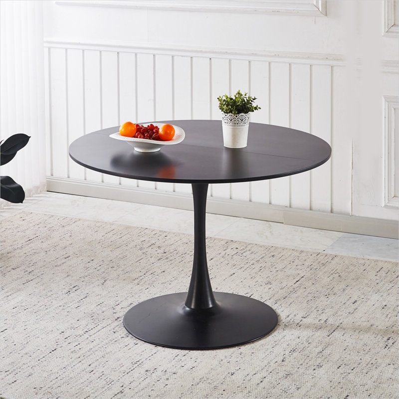 Table de salle à manger Mid-Century à piédestal, pour 4 à 6 personnes, plateau rond en panneau de fibres à densité moyenne noir profond avec base en métal